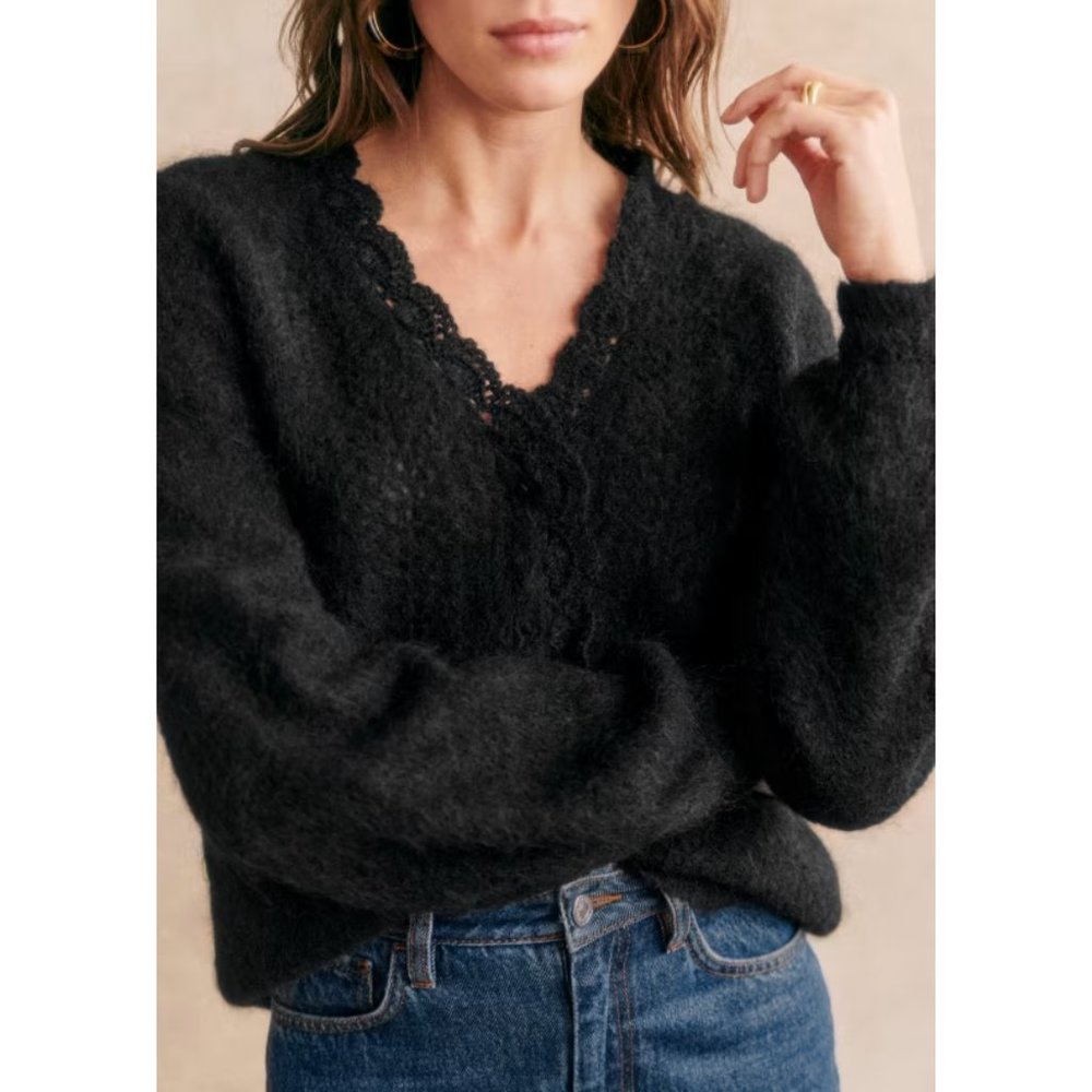NWOT Sezane Angelie Cardigan in Black Wool Blend Long Sleeves V Neckline